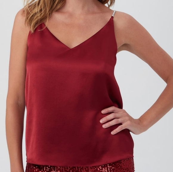 NWOT Trina Turk Dark Red Rhinestone Strap Sella Satin Camisole Tank Sz Small - Picture 8 of 9